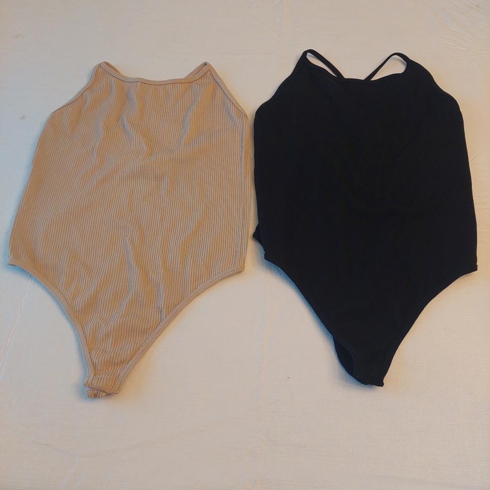 Mono B Ribbed Bodysuit 2 Piece Set Nude Black Stretch Criss Cross Back Size L
